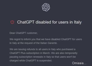 ChatGPT, disabled for users in Italy